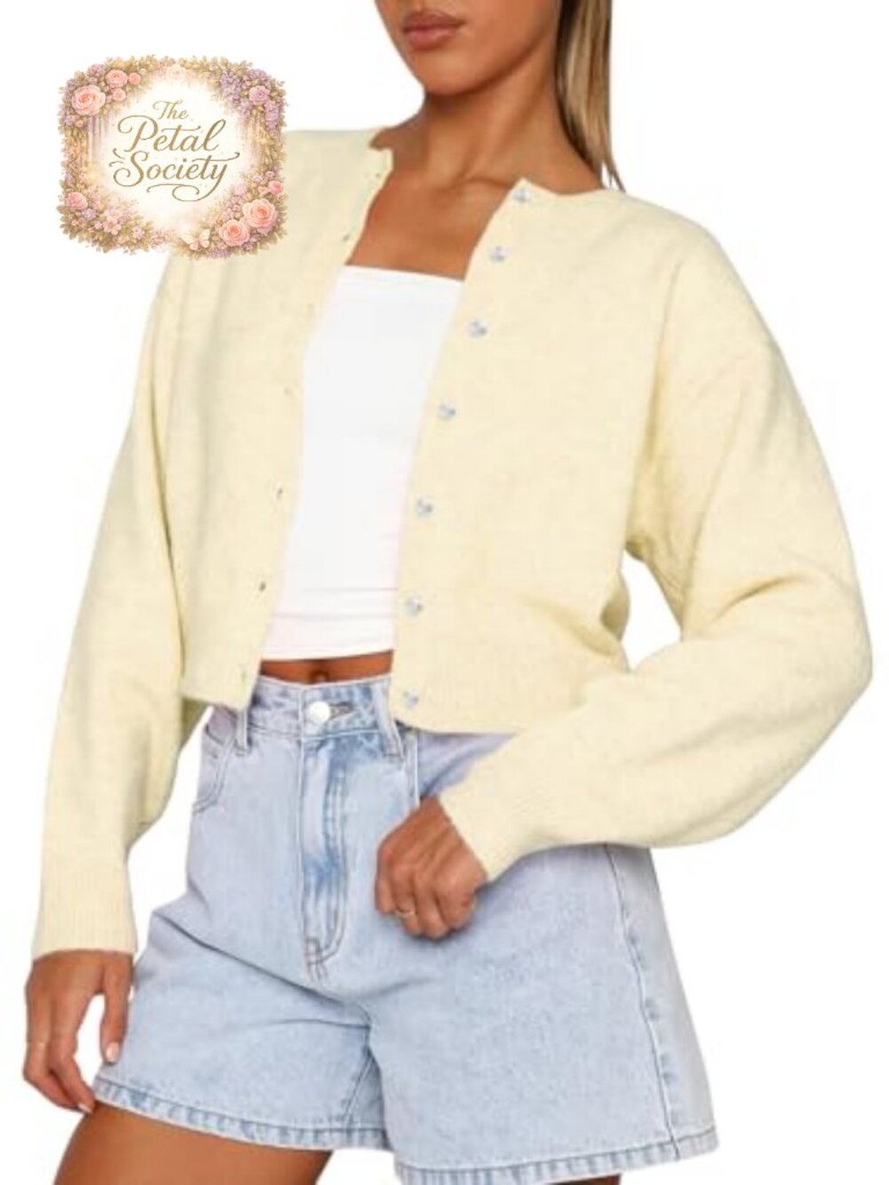 Womens Cropped Button Down Cardigan Knit Sweater Crew Neck Long Sleeve